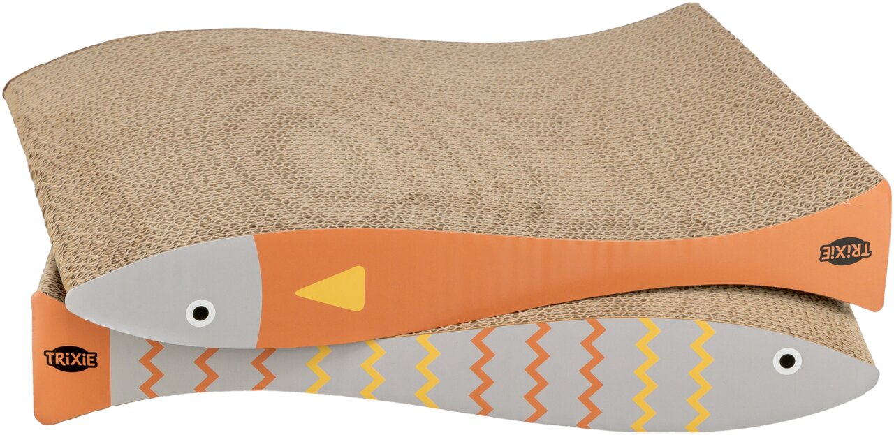 TRIXIE Katzen-Kratzbrett Fisch für Katzen, Wellpappe zum Kratzen und Liegen, graues und oranges Fischdesign, 1 Stück.