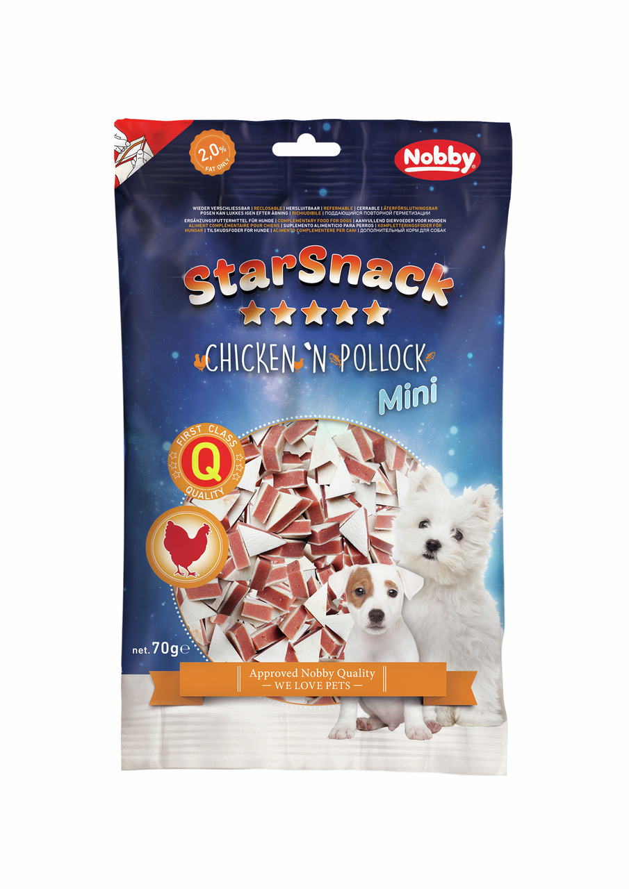 Nobby StarSnack Chicken 'n' Pollock Mini, Snack f. kl. Hunde, Huhn & Seelachs, fettarm (2 % Fett), 70 g.