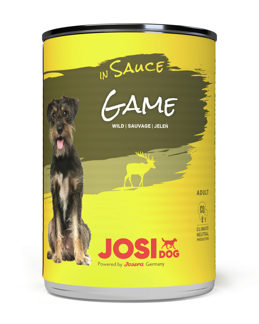 Josera JosiDog Game in Sauce, Hundefutter für Adult, Geschmacksrichtung Wild, klimaneutral, gelbe Dose mit Hund & Hirsch-Symbol.