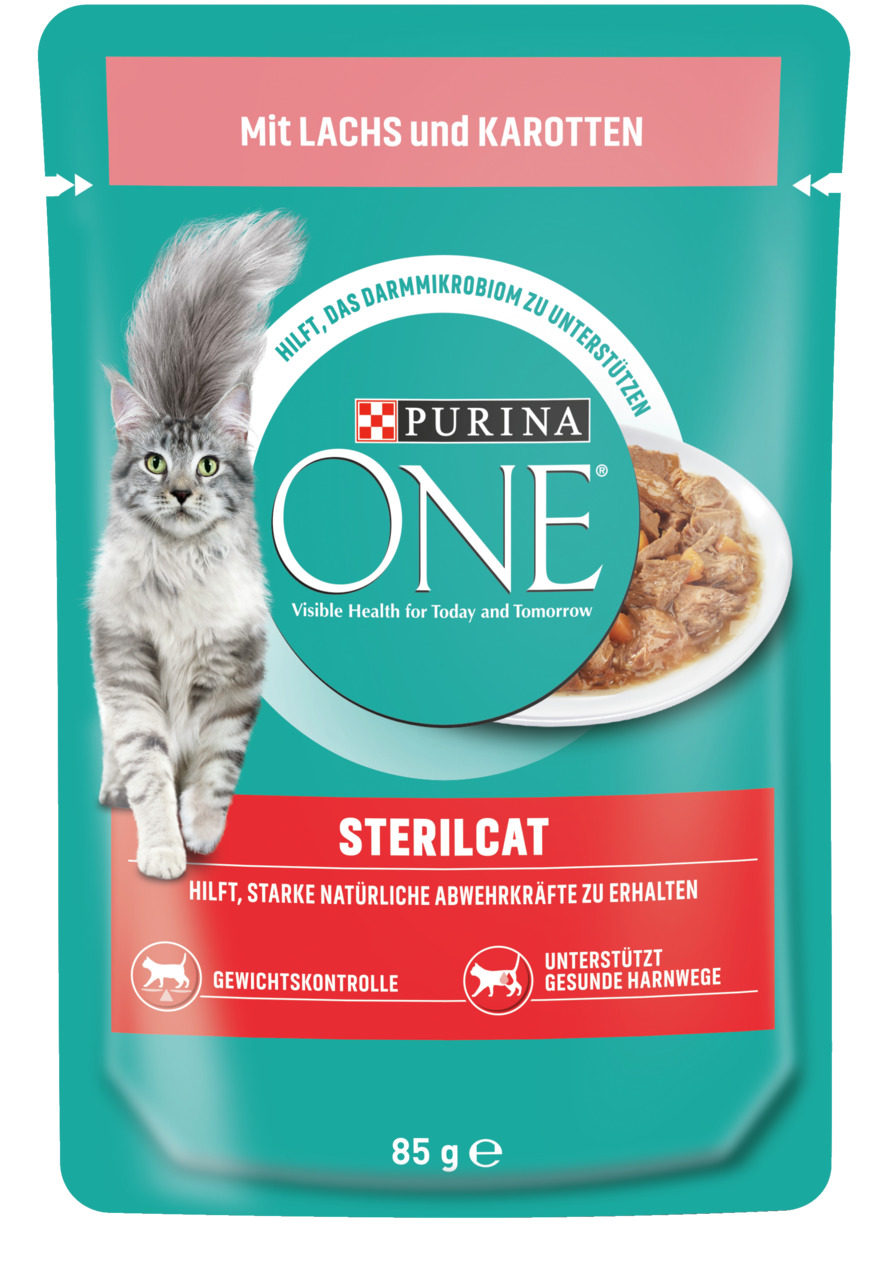 Purina ONE Sterilcat Katzenfutter, Lachs & Karotten, für sterilisierte Katzen, 85 g, stärkt Abwehr, Gewichtskontrolle, gesunde Harnwege.