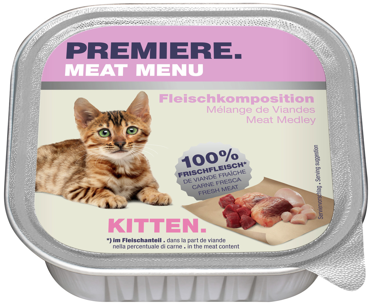 Das Bild zeigt eine silberne Schale mit Katzenfutter der Marke PREMIERE, Produktname "Meat Menu". Es ist speziell für Kätzchen (Kitten) geeignet. Die Geschmacksrichtung ist Fleischkomposition mit 100 % Frischfleischanteil. Die Verpackung hat ein rosa Etik