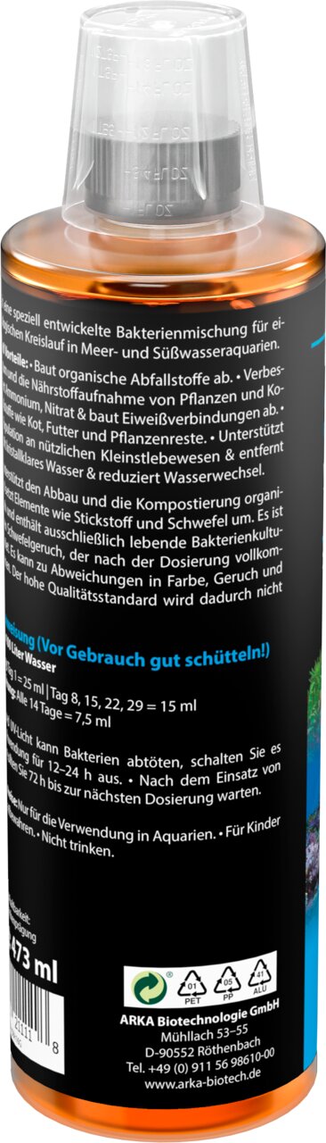 ARKA Bacter Liquid 473 ml für Meer- und Süßwasseraquarien, lebende Bakterien zur Wasserpflege, vor Gebrauch schütteln.