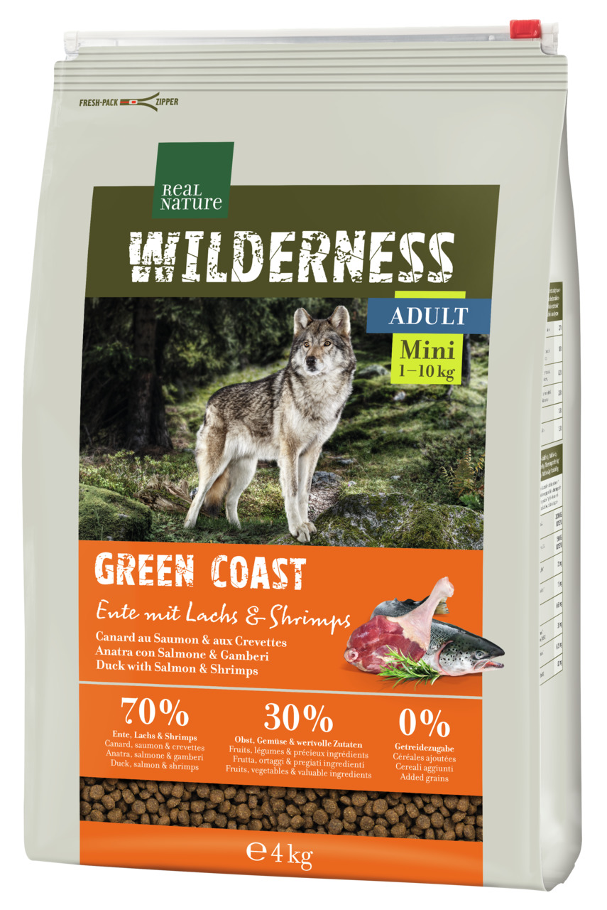 REAL NATURE WILDERNESS Green Coast, für erw. Hunde kl. Rassen (1–10 kg), Ente+Lachs+Shrimps, 4 kg, 70 % tierisch, 0 % Getreide.