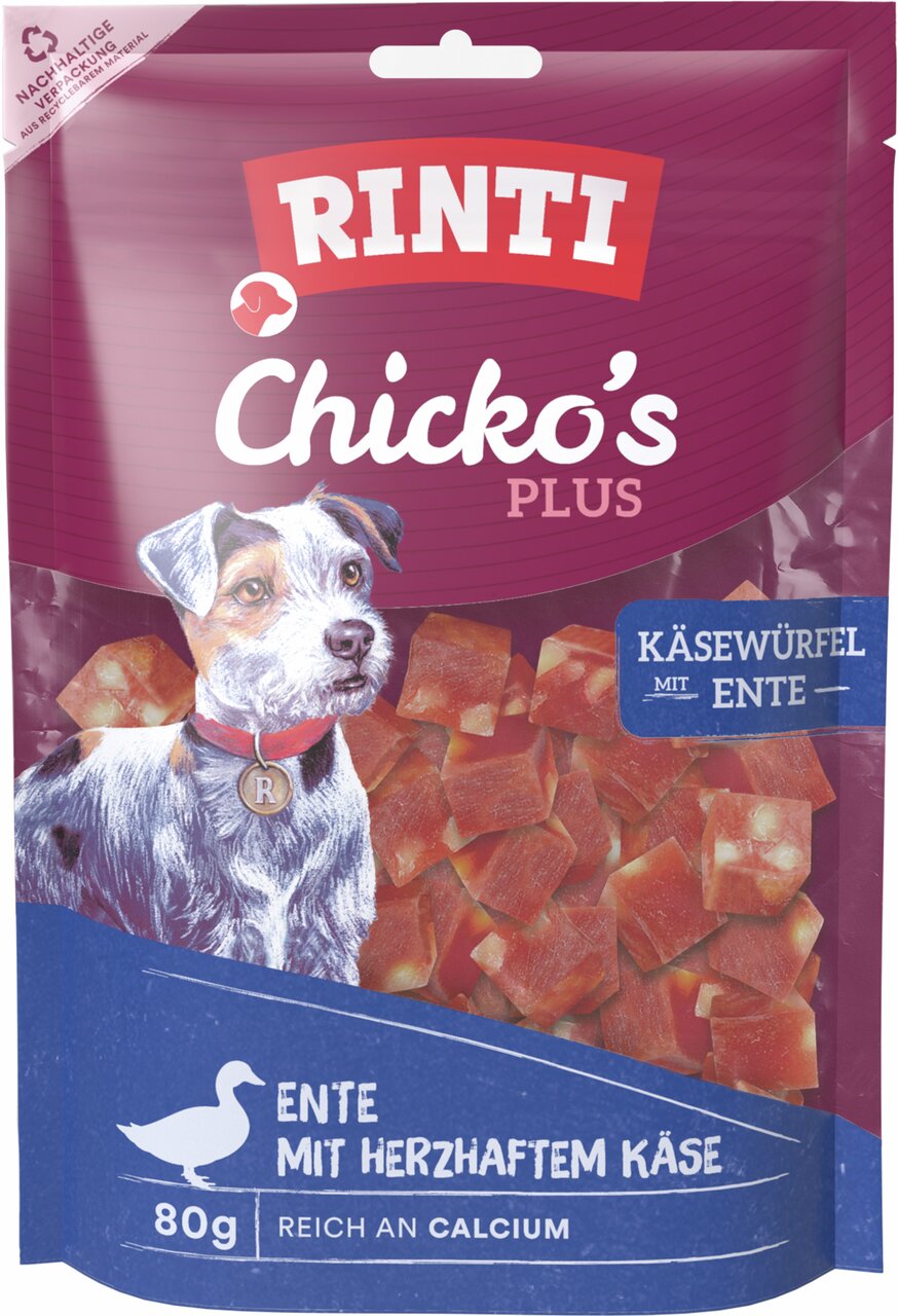 RINTI Chicko’s Plus Käsewürfel mit Ente für Hunde: Entenfleisch+Käse, reich an Calcium, 80 g, nachhaltige Verpackung.
