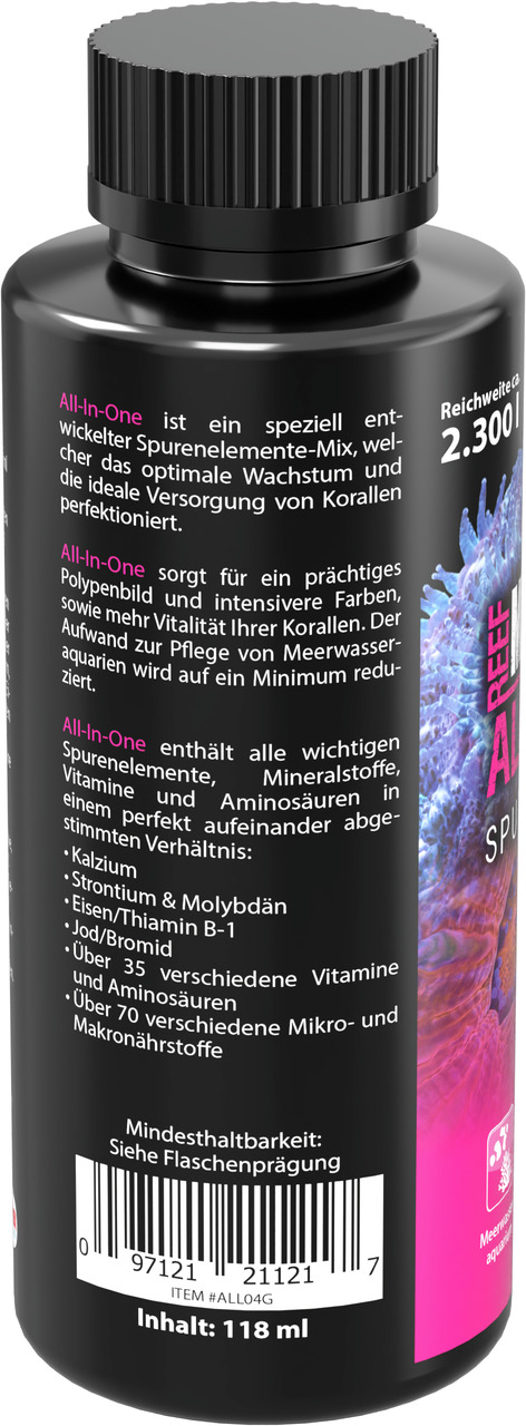 Das Bild zeigt eine schwarze Flasche des Produkts „MICROBE-LIFT All-In-One“ mit einem Inhalt von 118 ml. Es handelt sich um einen speziell entwickelten Spurenelemente-Mix für Meerwasseraquarien, der das Wachstum und die Versorgung von Korallen optimiert. 