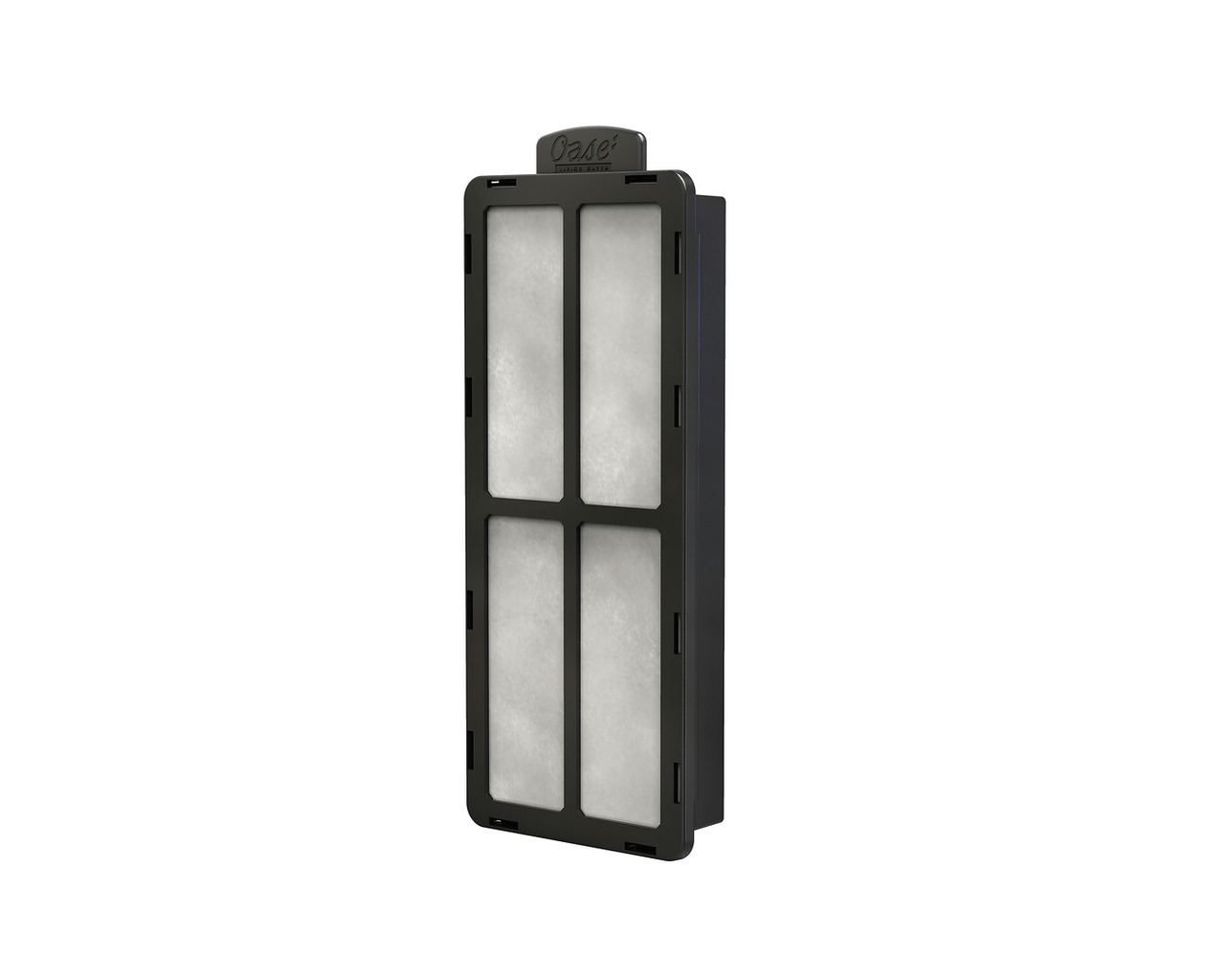 Ein rechteckiger Ersatzfilter der Marke Oase, geeignet für Aquarien oder Teichfilter. Der Filter ist in einem schwarzen Kunststoffrahmen eingefasst und zeigt vier weiße Filtersegmente. Er dient der Reinigung von Wasser und der Entfernung von Schmutzpartik