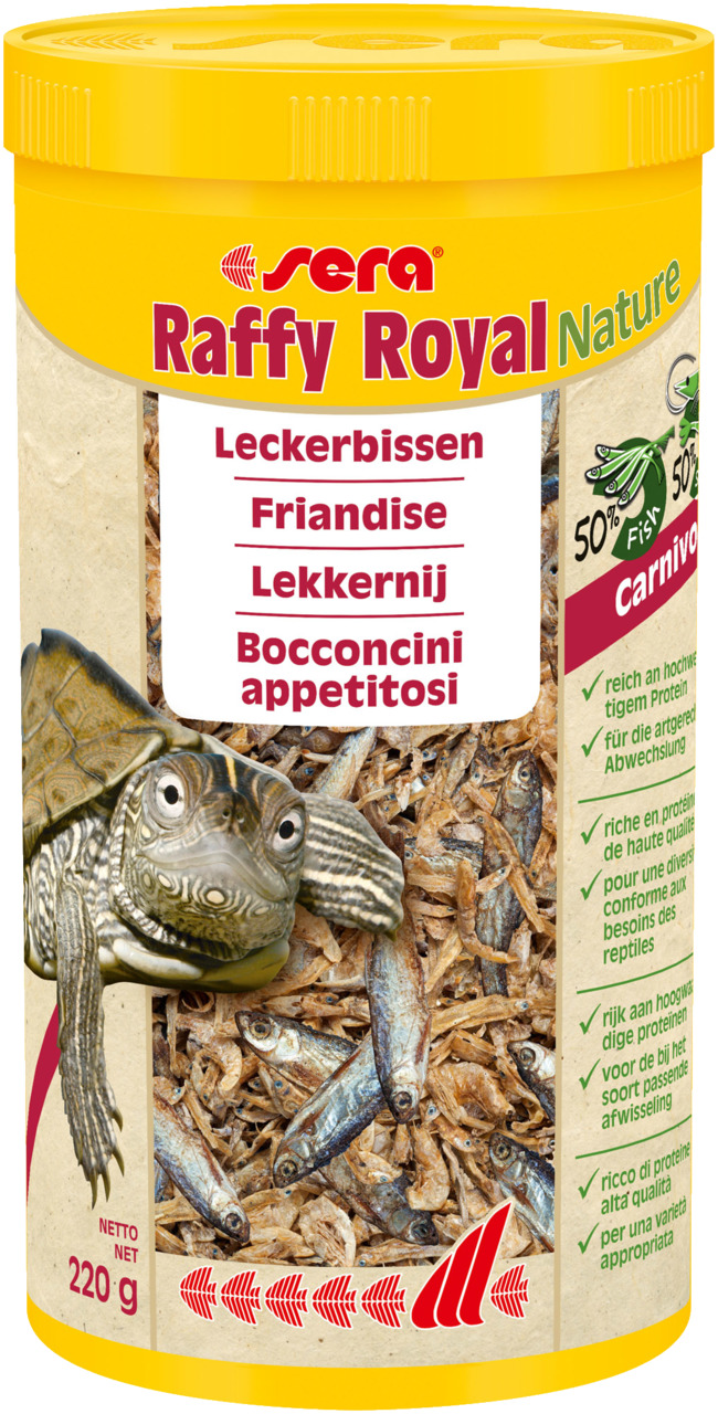 Sera Raffy Royal Nature, Premiumfutter f. fleischfressende Reptilien (z. B. Wasserschildkröten), 220 g, Futterfische & Garnelen, proteinreich.