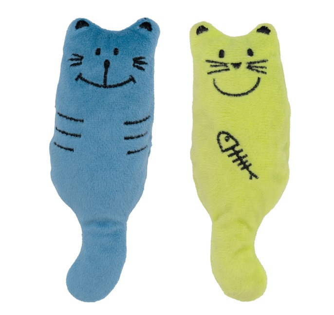 Zwei weiche Katzenspielzeuge der Marke Allpets, speziell für Katzen entwickelt. Das Set enthält ein blaues und ein gelbes Stoffspielzeug in Katzenform, beide mit aufgesticktem Gesicht. Das gelbe Spielzeug zeigt zusätzlich eine Fischgräte. Ideal zum Spiele