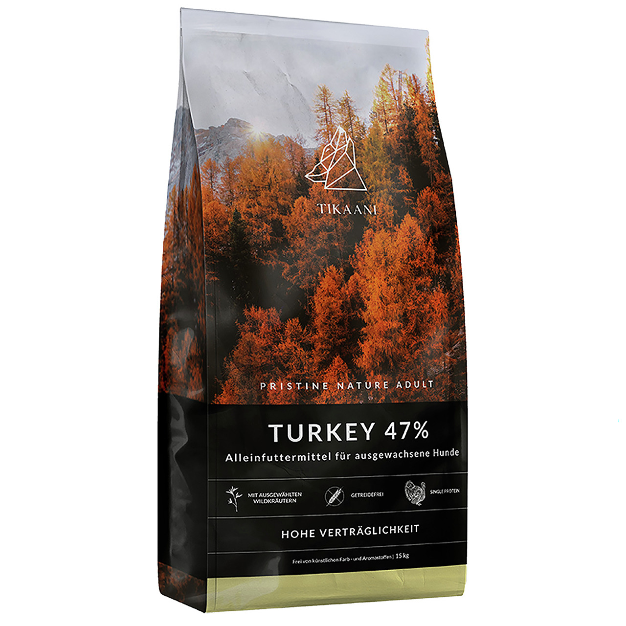 Das Bild zeigt eine Verpackung des Hundefutters „TIKAANI Pristine Nature Adult Turkey 47%“. Es handelt sich um ein Alleinfuttermittel für ausgewachsene Hunde. Die Geschmacksrichtung ist Truthahn (47%). Die Verpackung enthält 15 kg und hebt Eigenschaften w