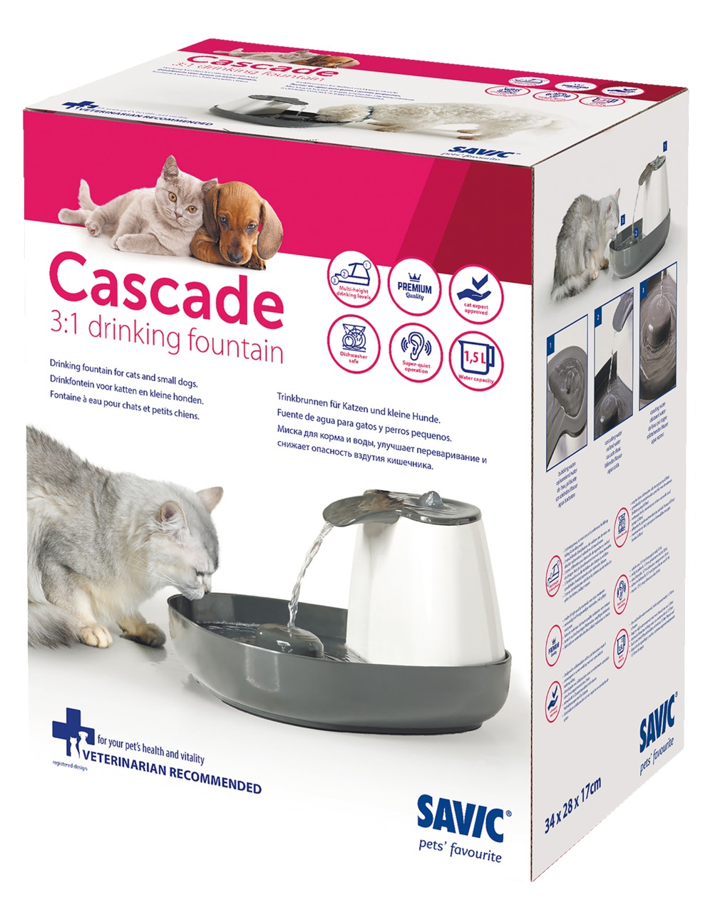 SAVIC Cascade 3:1 Trinkbrunnen, 1,5L, für Katzen & kl. Hunde, fördert Gesundheit, leicht zu reinigen, Premium-Qualität, 34x28x17cm.