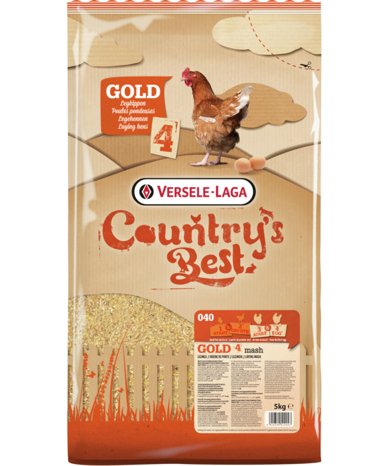 Versele-Laga Country's Best GOLD 4 mash, 5 kg, Hühnerfutter für Legehennen, unterstützt Eiablage, in Brauntönen, mit Anwendungshinweisen.