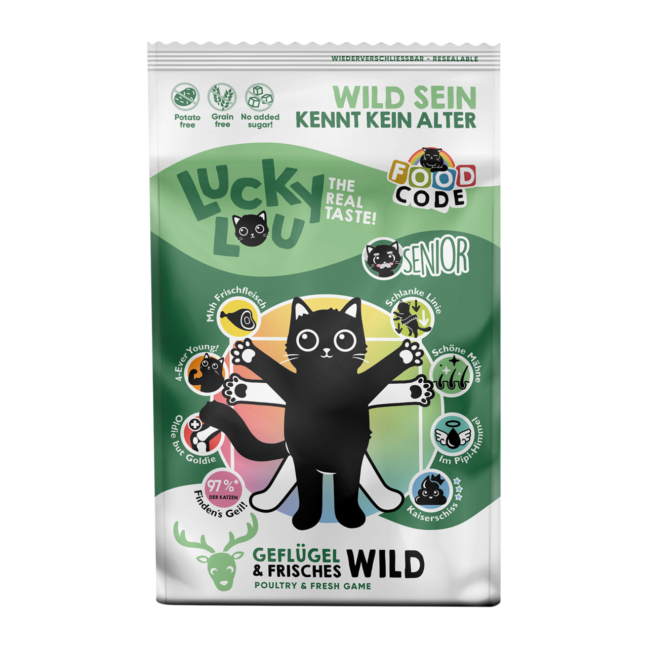 Lucky Lou – Geflügel & Frisches Wild, Senior-Katzen, „Wild sein kennt kein Alter“, „The Real Taste!“, getreidefrei, 400g.