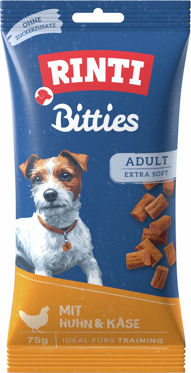 RINTI Bitties für Hunde, Geschmacksrichtung Huhn & Käse, ohne Zuckerzusatz, extra soft, ideal fürs Training, 75g.