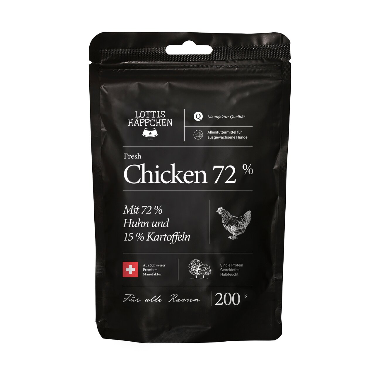 Lottis Häppchen Fresh Chicken 72%, Alleinfutter f. erw. Hunde, 72% Huhn, 15% Kartoffeln, hypoallergen, getreidefrei, 200 g.