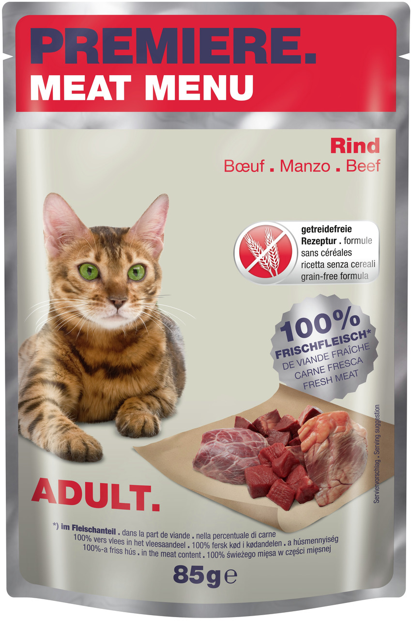 PREMIERE Meat Menu, Nassfutter Rind, getreidefrei, 100% Frischfleisch, für erwachsene Katzen, 85 g.