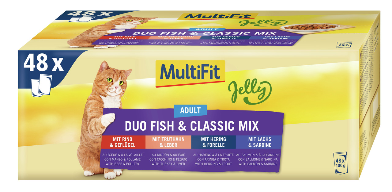 MultiFit Jelly Adult Duo Fish & Classic Mix, für ausgewachsene Katzen, 48x100g, Rind-Geflügel, Truthahn-Leber, Hering-Forelle, Lachs-Sardine.