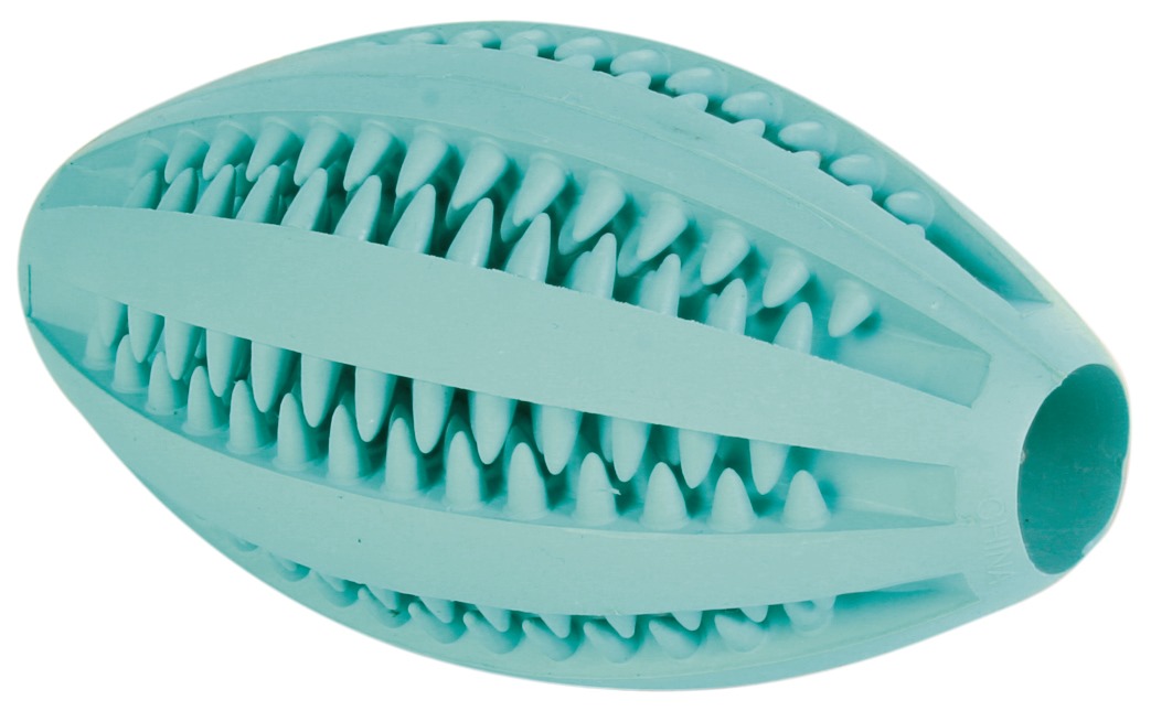 TRIXIE Denta Fun Rugby, Hundespielzeugball, türkis, für alle Hunde, Zahnpflege, Naturgummi, genoppt,  fördert Zahnfleisch, robust.