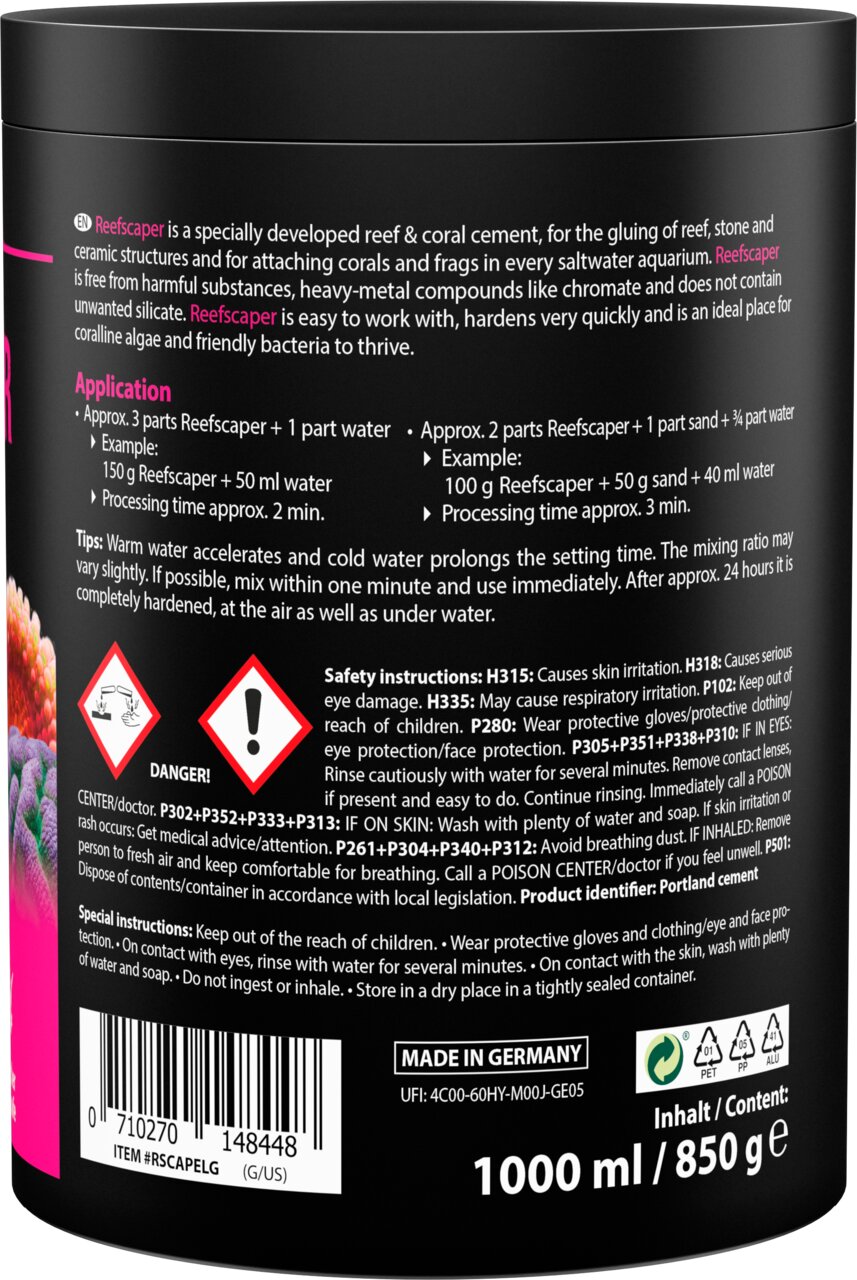 ARKA Reefscaper Riff- und Korallenzement für Meerwasseraquarien, zum Kleben von Korallen und Steinen, 1000 ml-850 g.