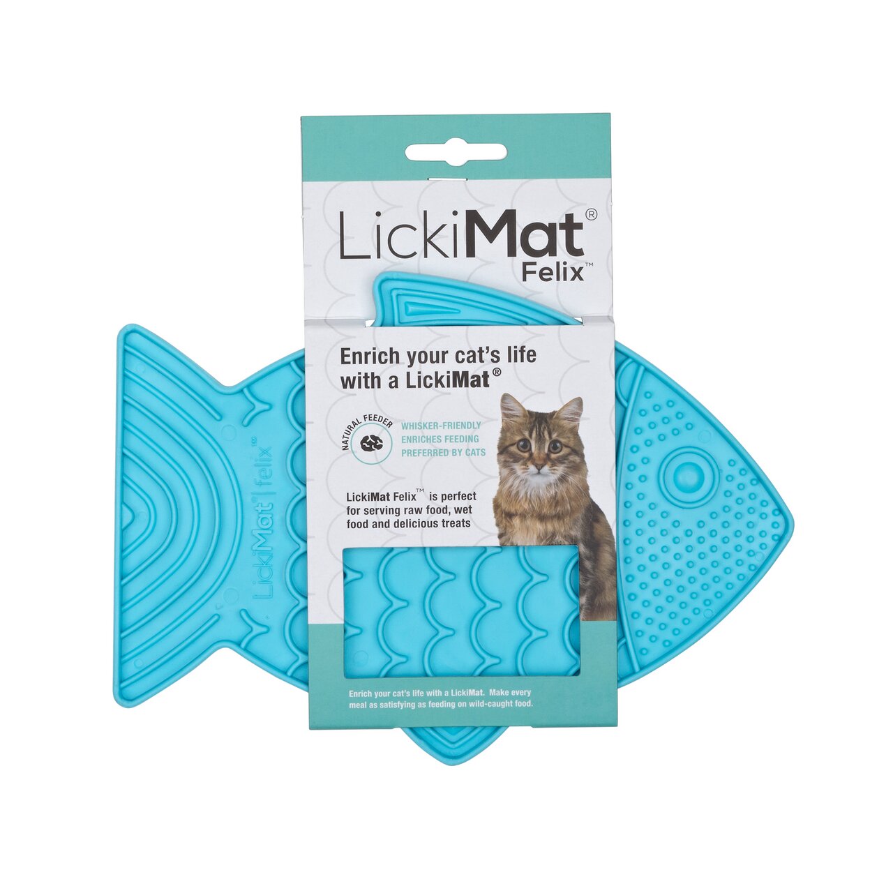 LickiMat Felix Blau: Fressmatte für Katzen, fischförmig, für Nass-/Rohfutter & Leckerlis, schnurrhaarfreundlich, fördert langsames Fressen.