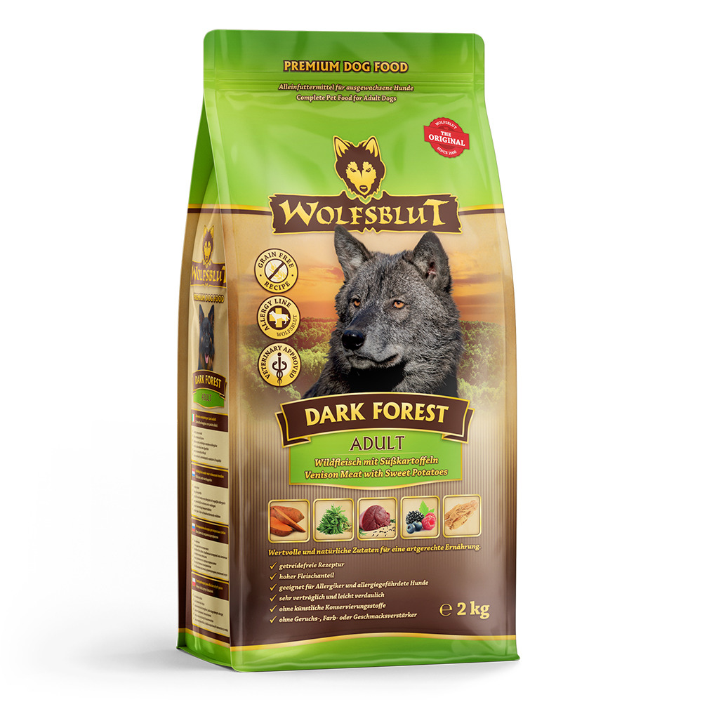 WOLFSBLUT Dark Forest Adult, Wildfleisch & Süßkartoffeln, 2 kg, für ausgewachsene Hunde, getreidefrei, ideal für Allergiker.