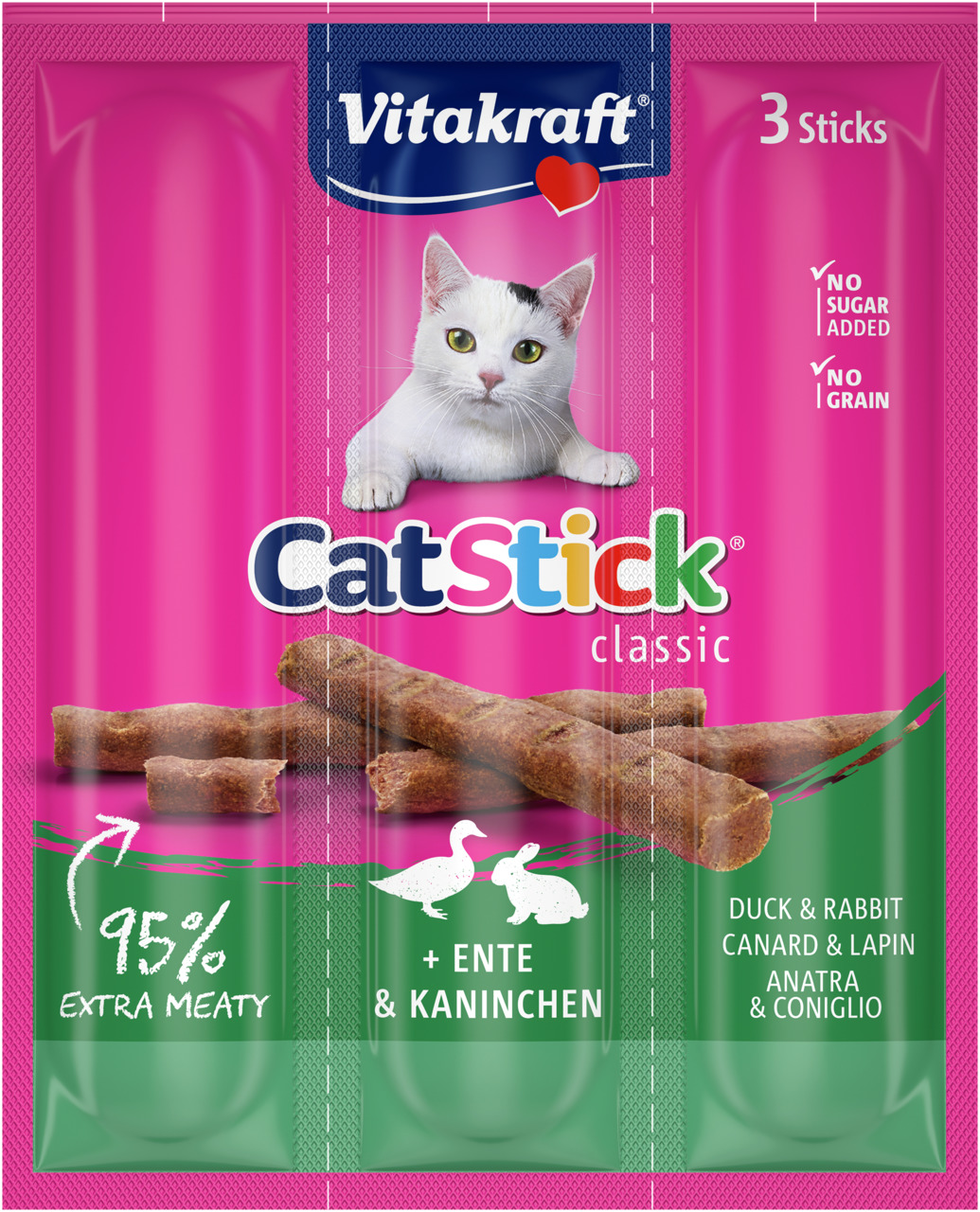 Vitakraft Cat Stick classic, Katzen, Ente & Kaninchen, 95 % Fleisch, ohne Zucker, getreidefrei, 3 Sticks.
