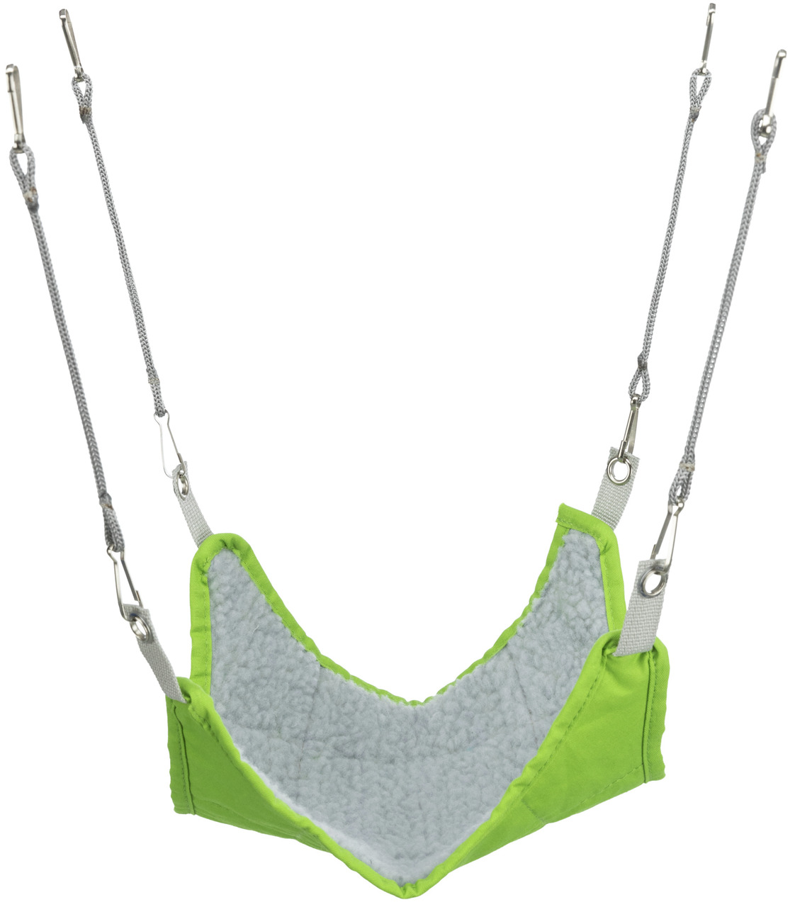 Hängematte für Kleintiere von TRIXIE, geeignet für kleine Nagetiere wie Ratten oder Frettchen. Die Hängematte ist aus grünem Stoff mit weicher, grauer Plüsch-Innenseite gefertigt und wird mit stabilen Metallhaken an vier Seilen befestigt. Ideal für Komfor