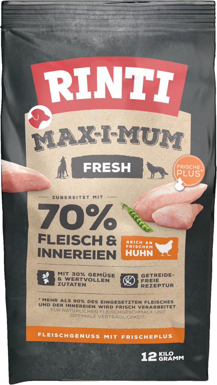 Rinti Max-i-Mum Fresh für Hunde, Geschmacksrichtung Huhn, getreidefreie Rezeptur, 12 kg, 70 % Fleisch & Innereien, Frische Plus.