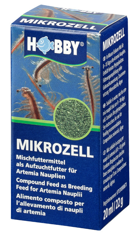 Hobby Mikrozell, Mischfutter f. Artemia-Aufzucht, 20 ml-22 g, f. Aquarienbesitzer, blaue Verpackung m. Artemia u. grünem Futter.
