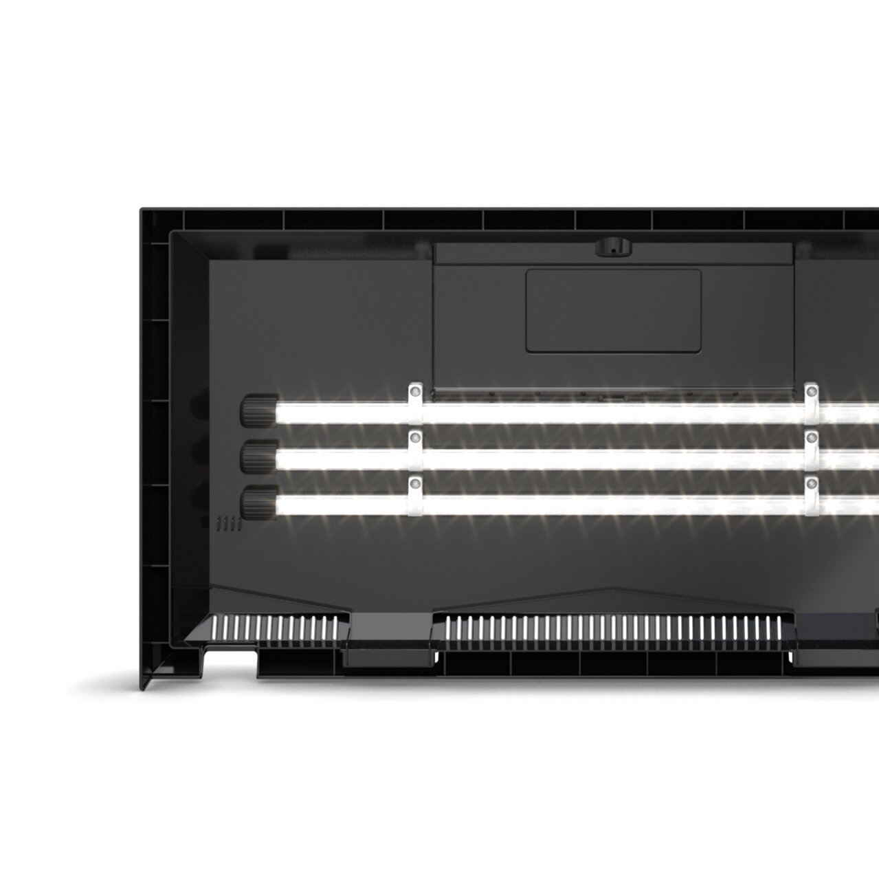JUWEL HeliaLux Spectrum LED-Aquarienleuchte für Süß- und Meerwasseraquarien, schwarzes Gehäuse mit drei LED-Balken.