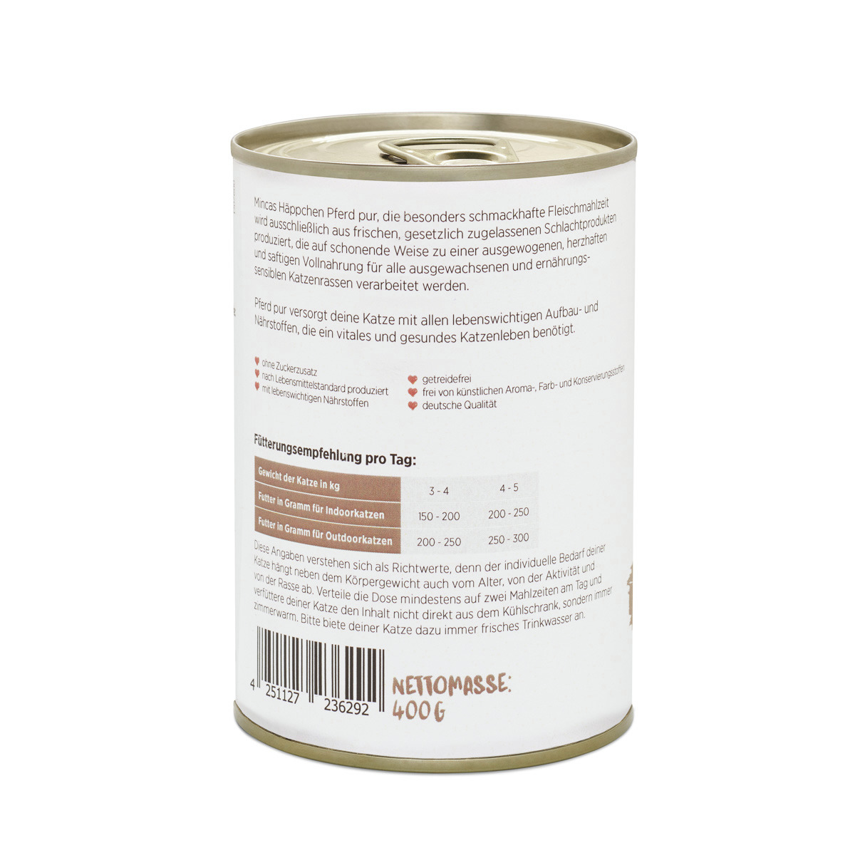 Mincas „Mincas Häppchen Pferd pur“, 400g Nassfutter für ausgewachsene Katzen, getreidefrei, ohne Zuckerzusatz, ohne künstl. Aromen.