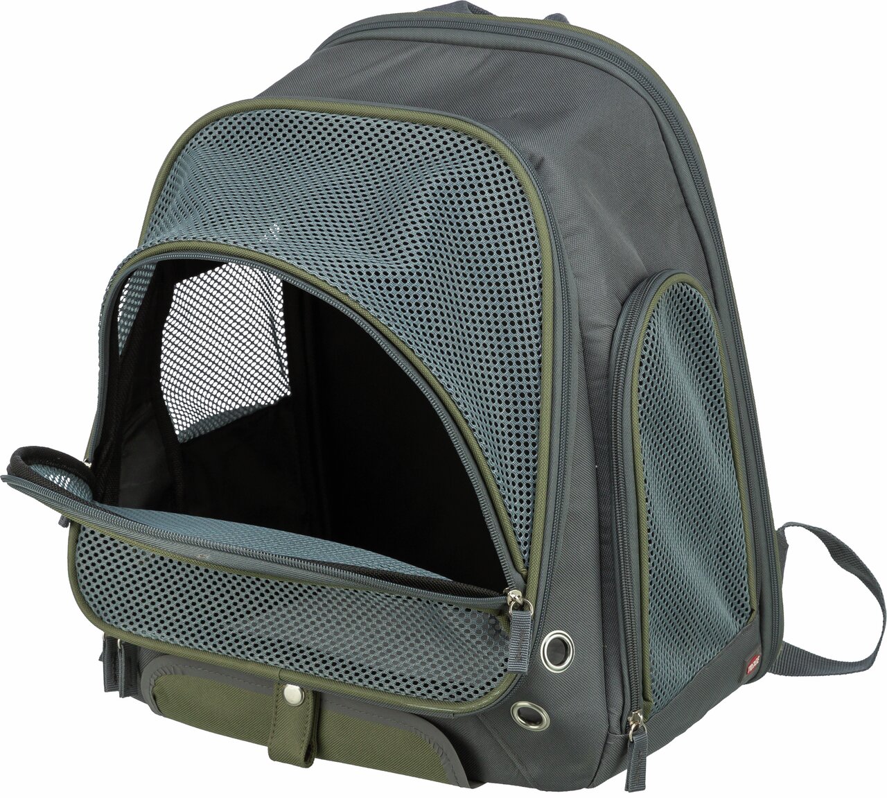 TRIXIE Rucksack für kleine Haustiere, grau-grün, mit Mesh-Fenstern zur Belüftung, gepolstert und komfortabel für Reisen.