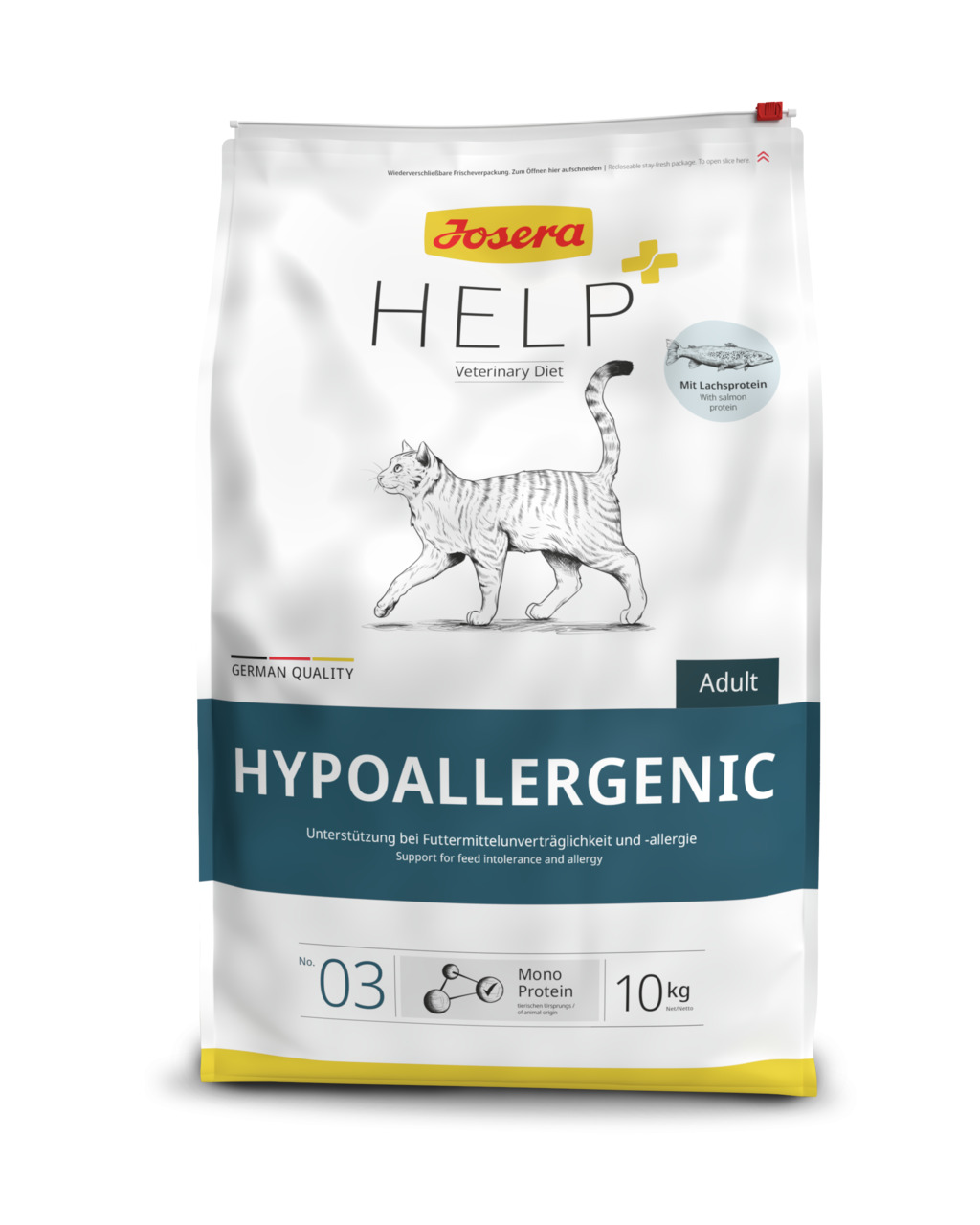 Das Bild zeigt eine 10-kg-Packung des hypoallergenen Katzenfutters „Josera Help Hypoallergenic“ für ausgewachsene Katzen. Es handelt sich um ein Monoprotein-Futter mit Lachsprotein, das speziell zur Unterstützung bei Futtermittelunverträglichkeiten und Al