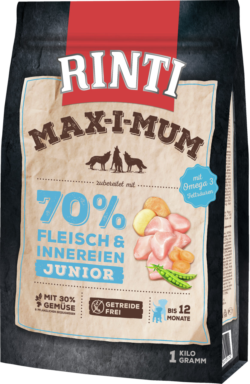 RINTI Max-i-mum Junior, für junge Hunde bis 12 Mon., 70 % Fleisch, 30 % Gemüse, getreidefrei, mit Omega-3, 1 kg.