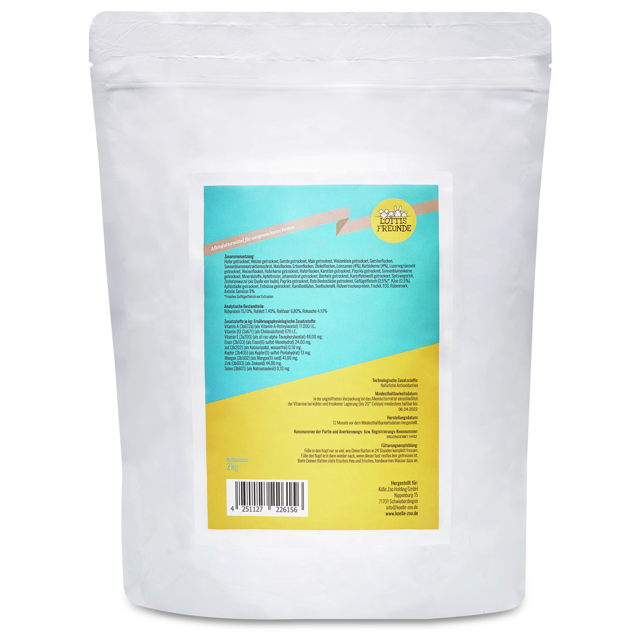 Lottis Freunde Ergänzungsfuttermittel für Hunde, 2 kg, mit Angaben zu Zusammensetzung, analytischen Bestandteilen u. Herstellerinfos.