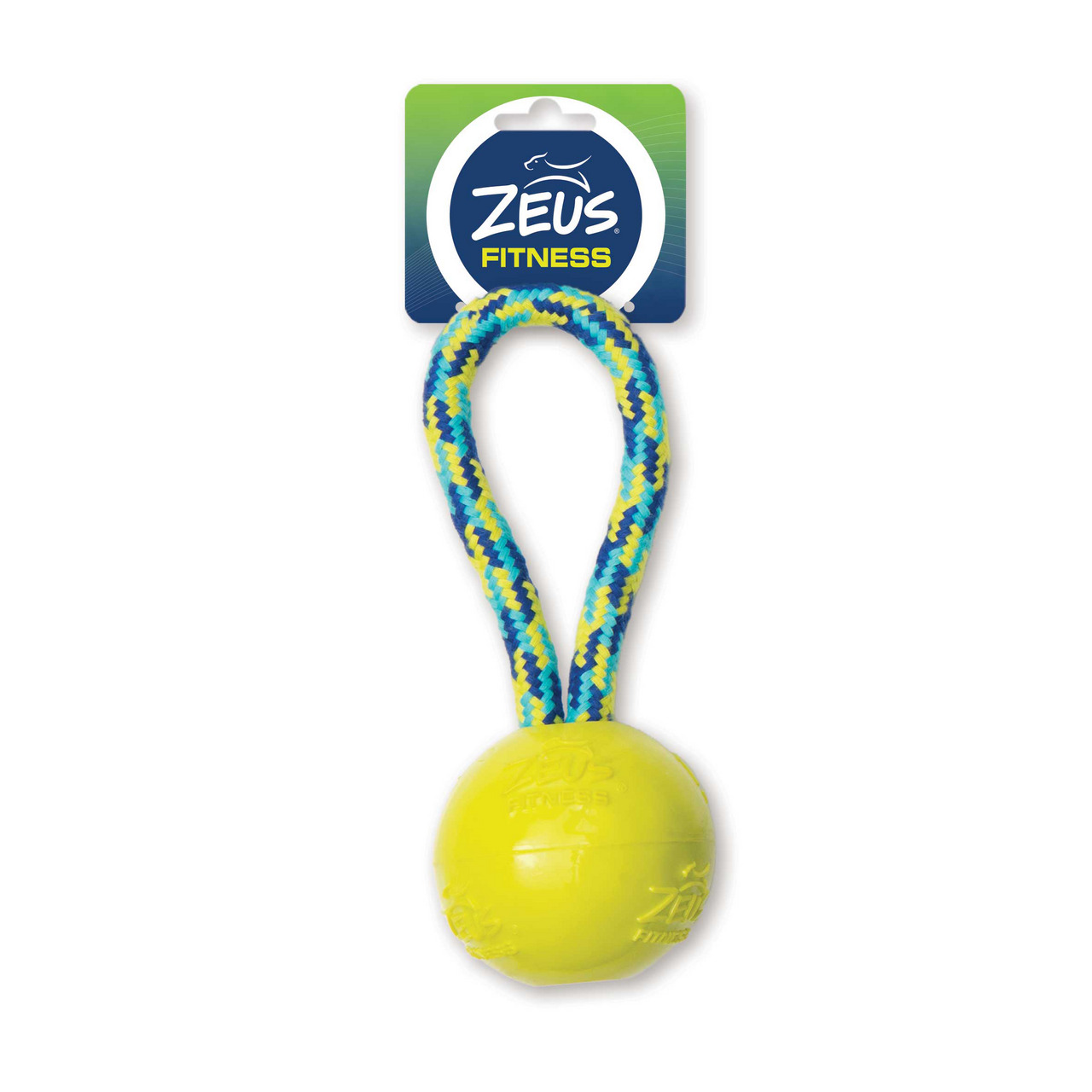 ZEUS Fitness Ball m. Seil, Spielzeug f. Hunde, gelber Ball (robust), Seil (blau/gelb/weiß), ideal f. Wurf-/Zerrspiele.