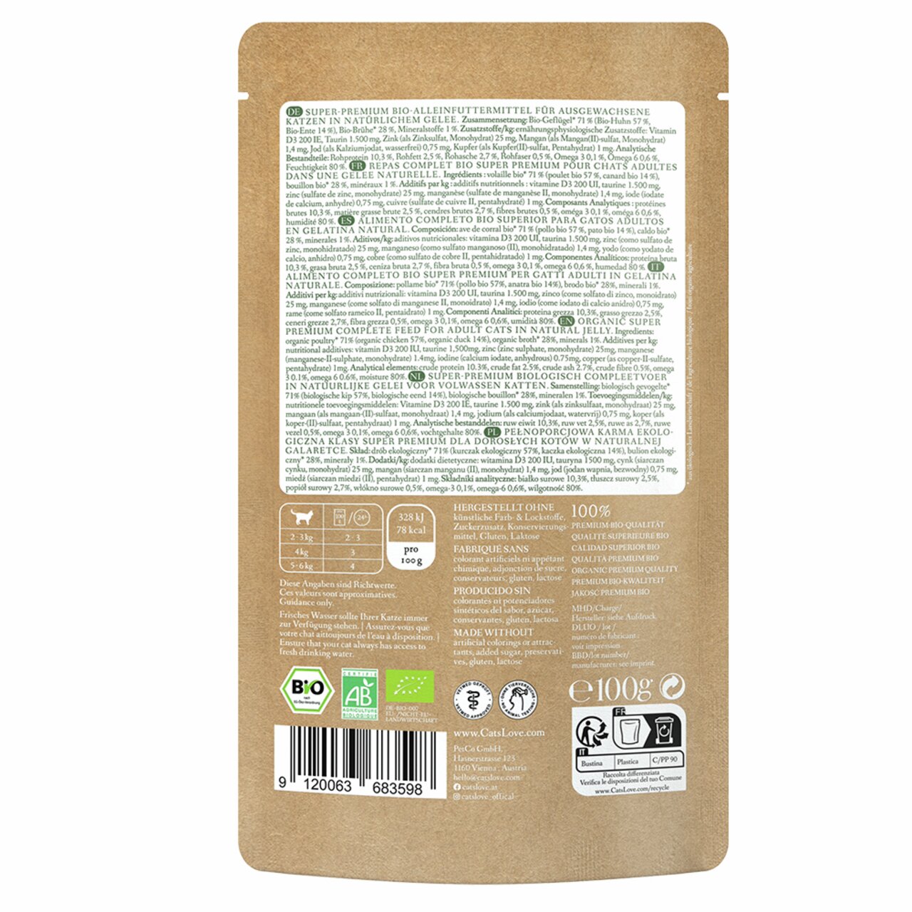 Cat's Love Bio-Nassfutter für erwachsene Katzen, Geschmacksrichtung Huhn, in natürlicher Gelee, 100 g Verpackung.
