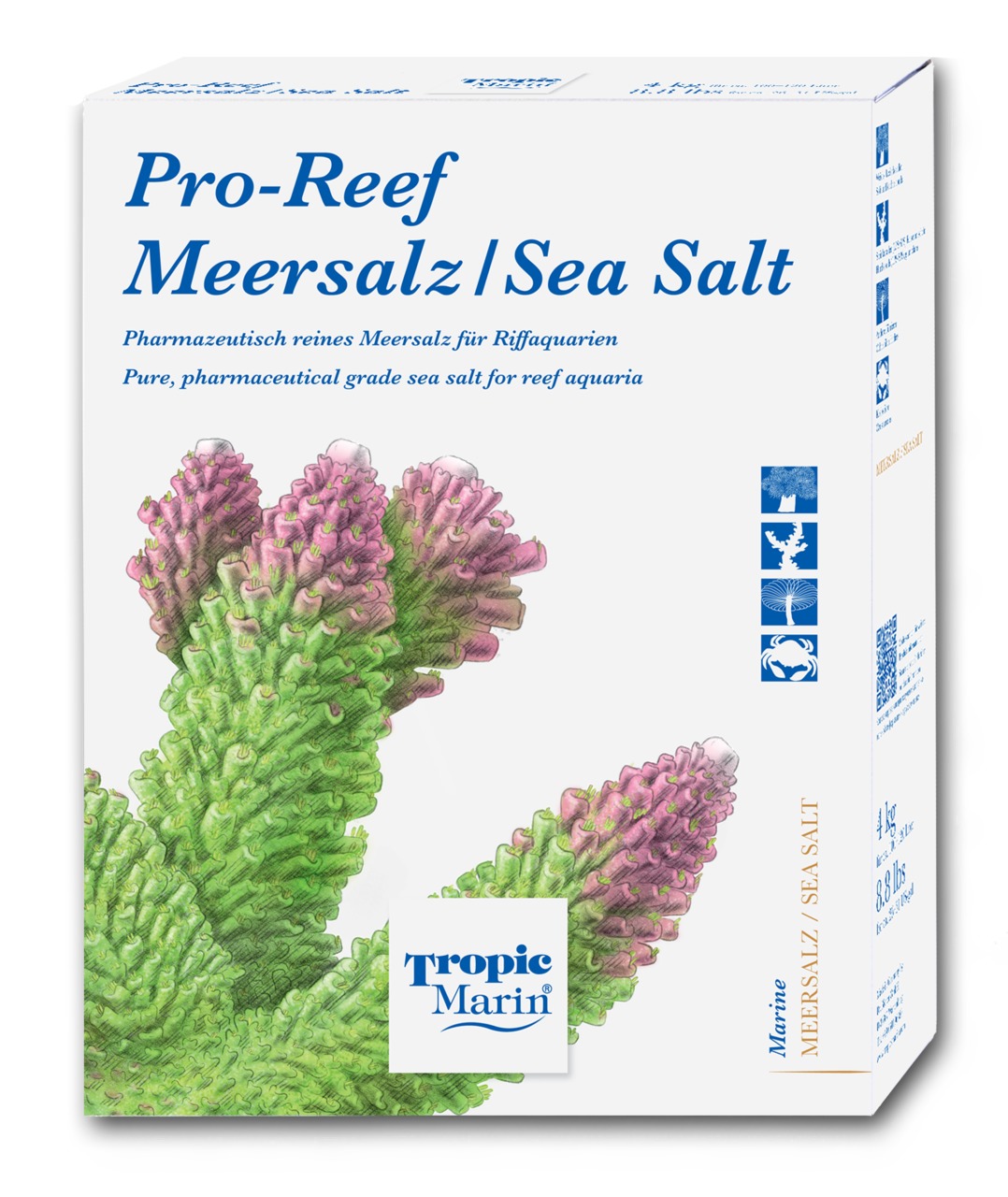 Das Bild zeigt eine Verpackung des Produkts „Tropic Marin Pro-Reef Meersalz“. Es handelt sich um pharmazeutisch reines Meersalz für Riffaquarien. Die Zielgruppe sind Aquarienbesitzer. Die Verpackung enthält 4 kg Meersalz, geeignet für die Pflege empfindli