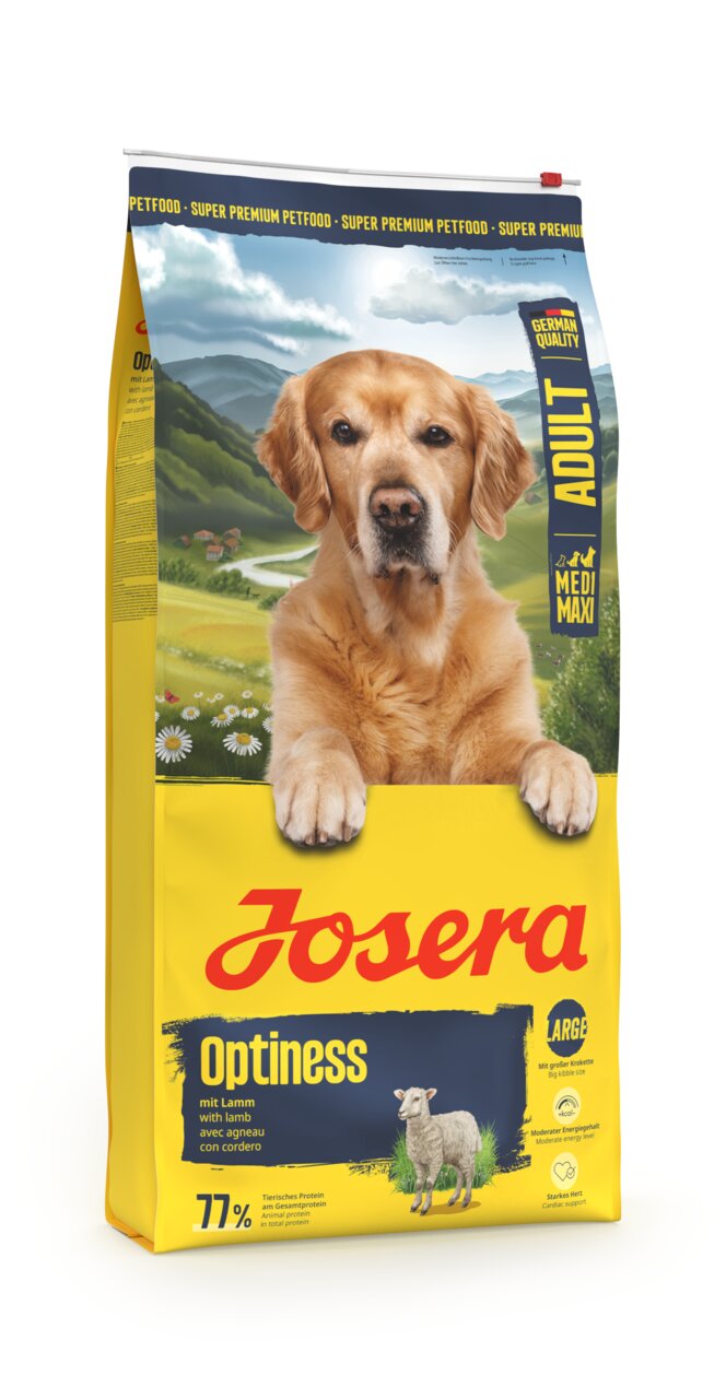 Josera Optiness Hundefutter Adult große Rassen, Lamm, 77 % tierisches Protein, 15 kg, für Hunde mit moderatem Energiebedarf.