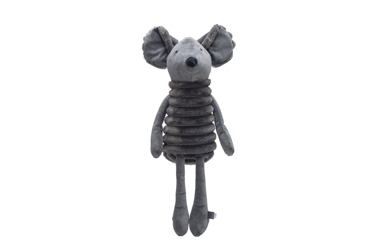 Graues Plüschtier "Designed by Lotte" in Mäuseform für Hunde. Zielgruppe: Hunde. Größe: Mittel, Material: Weich.