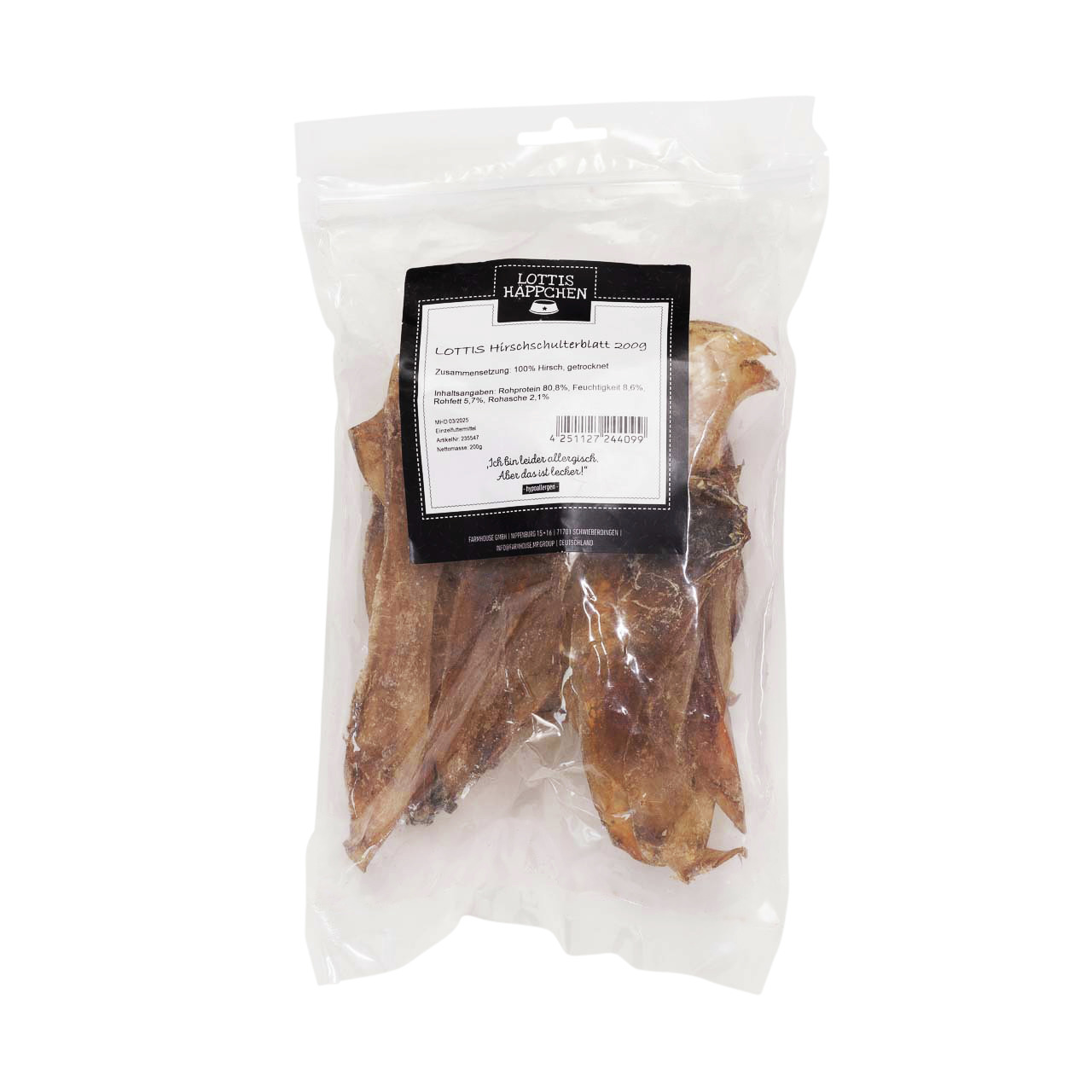 LOTTIS HÄPPCHEN „Lottis Hirschschulterblatt“, Kausnack für Hunde, 200 g, aus getrocknetem Hirschfleisch, natürliche Ernährung.
