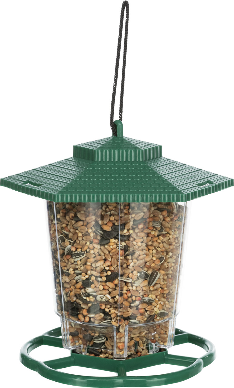 TRIXIE Vogelfutterspender für Wildvögel, grün, Kunststoff, sechseckiges Dach, transparente Kammer, ideal für Garten/Balkon.