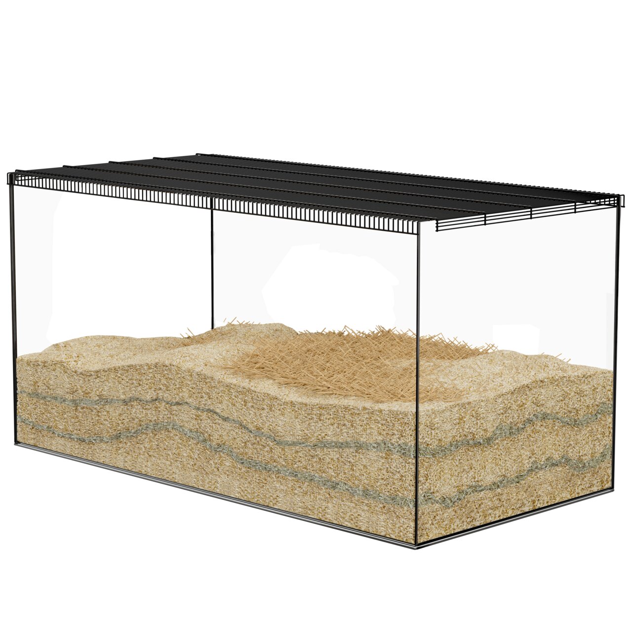 Das Bild zeigt ein rechteckiges Nagetier-Terrarium der Marke Allpets, geeignet für Kleintiere wie Hamster oder Mäuse. Es ist mit mehreren Schichten Einstreu und Heu gefüllt, die eine natürliche Umgebung simulieren. Das Terrarium hat eine schwarze Gitterab