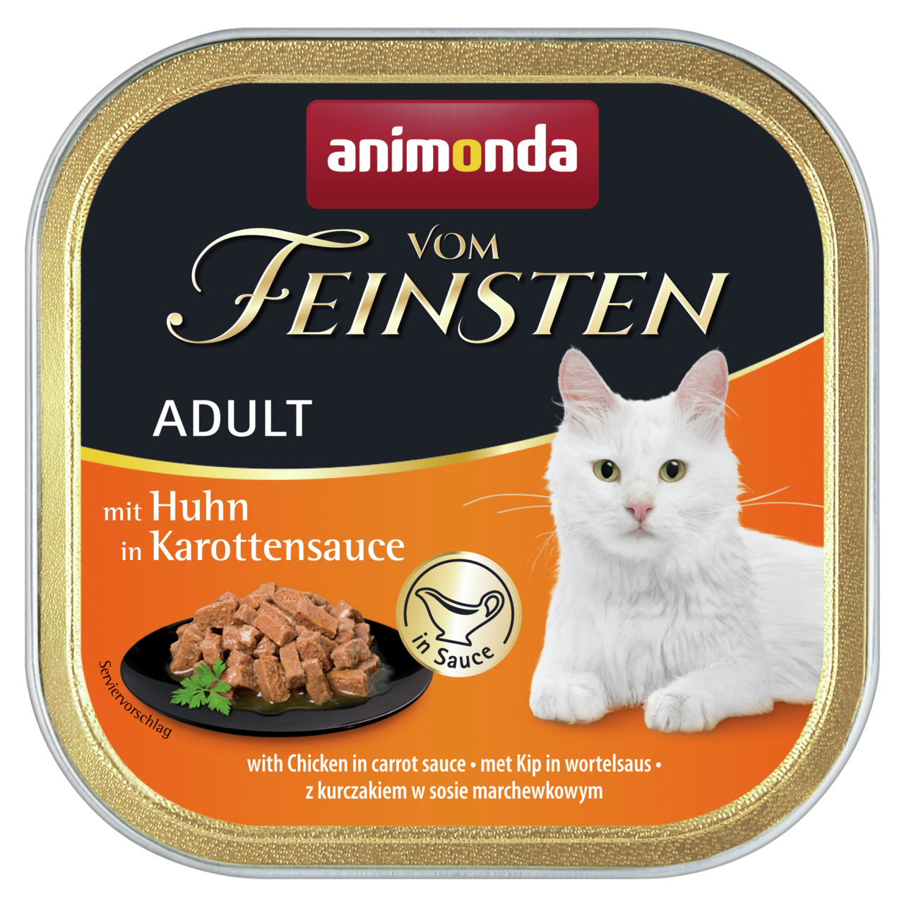 animonda Vom Feinsten Adult, Katzenfutter für ausgewachsene Katzen, Huhn in Karottensauce, 100 g, mit weißer Katze auf der Verpackung.