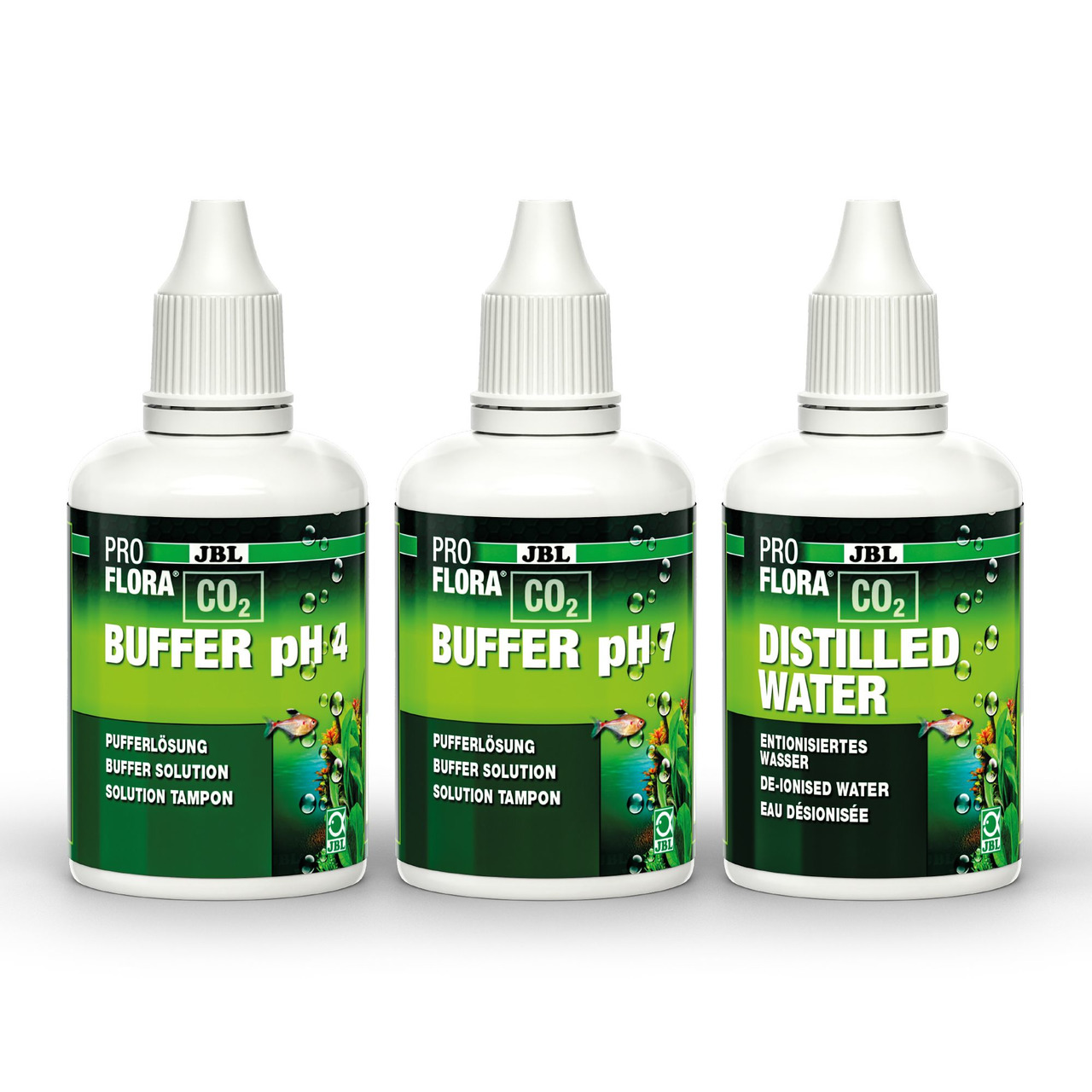 JBL ProFlora CO2: Pufferlösung pH 4 & 7, dest. Wasser, je 50 ml, für Aquarienbesitzer zur pH-Regulierung & -Optimierung.