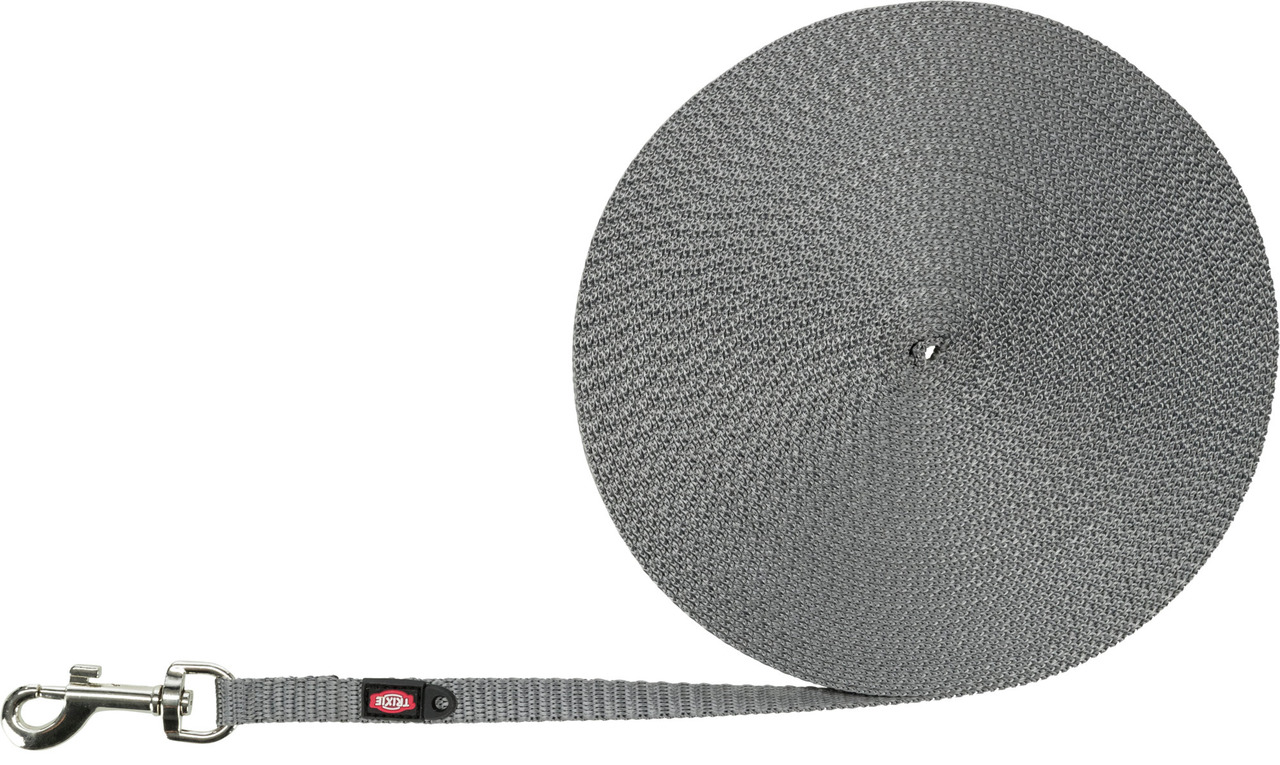 TRIXIE Schleppleine für Hunde, Grau, 15m, robustes Nylon, stabiler Karabiner, ideal für Training & Spaziergänge, für alle Hundegrößen.
