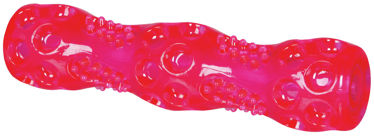 Das Bild zeigt das TRIXIE Hundespielzeug "Denta Fun", ein kaubares Spielzeug für Hunde. Es besteht aus robustem, pinkfarbenem Gummi mit Noppen und Vertiefungen, die die Zahnpflege unterstützen. Geeignet für Hunde aller Größen. Fördert die Zahngesundheit u