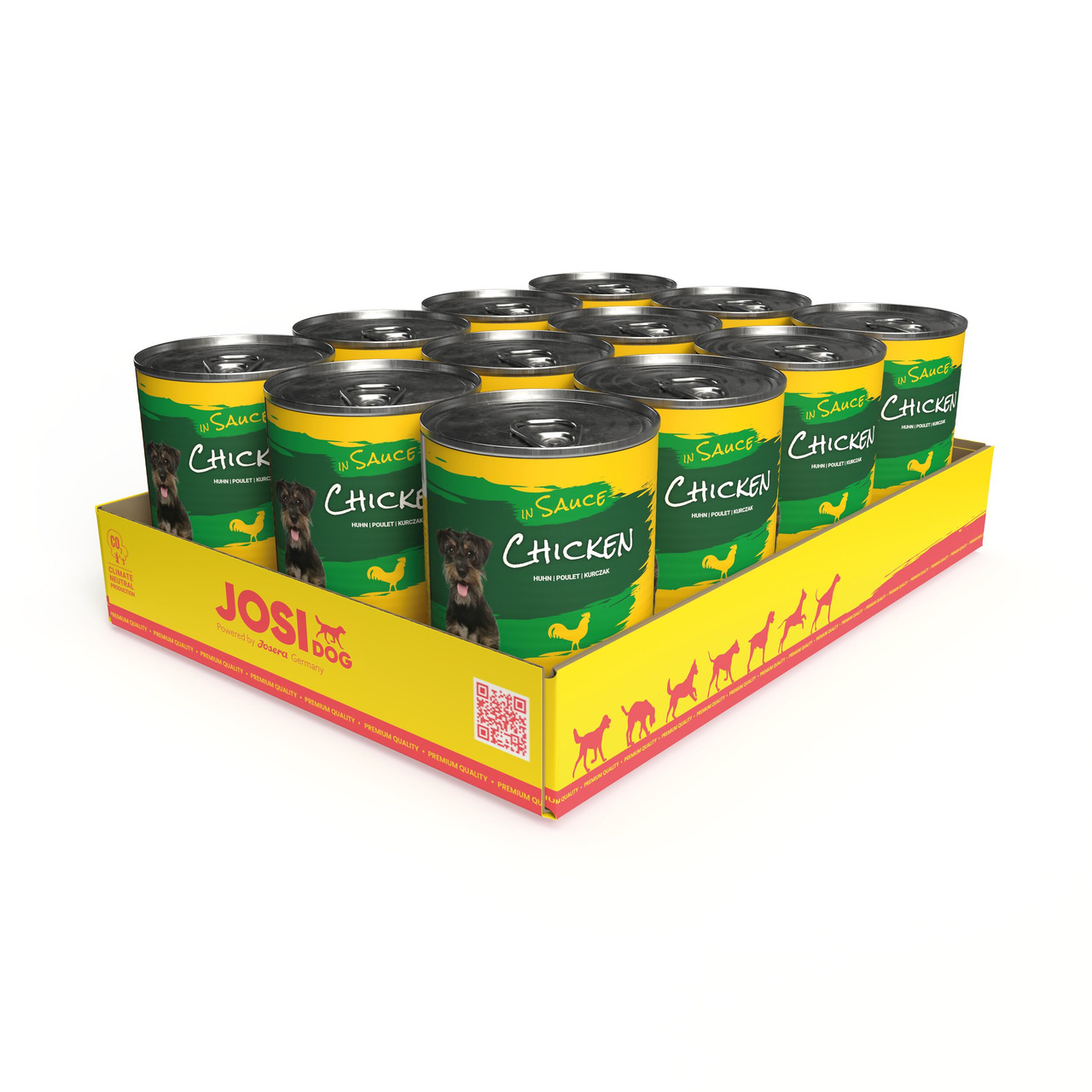 Josera JosiDog Hundefutter, Huhn in Sauce, für Hunde, 12x400g Nassfutter, grüne Dosen mit Hund- & Huhn-Motiv.