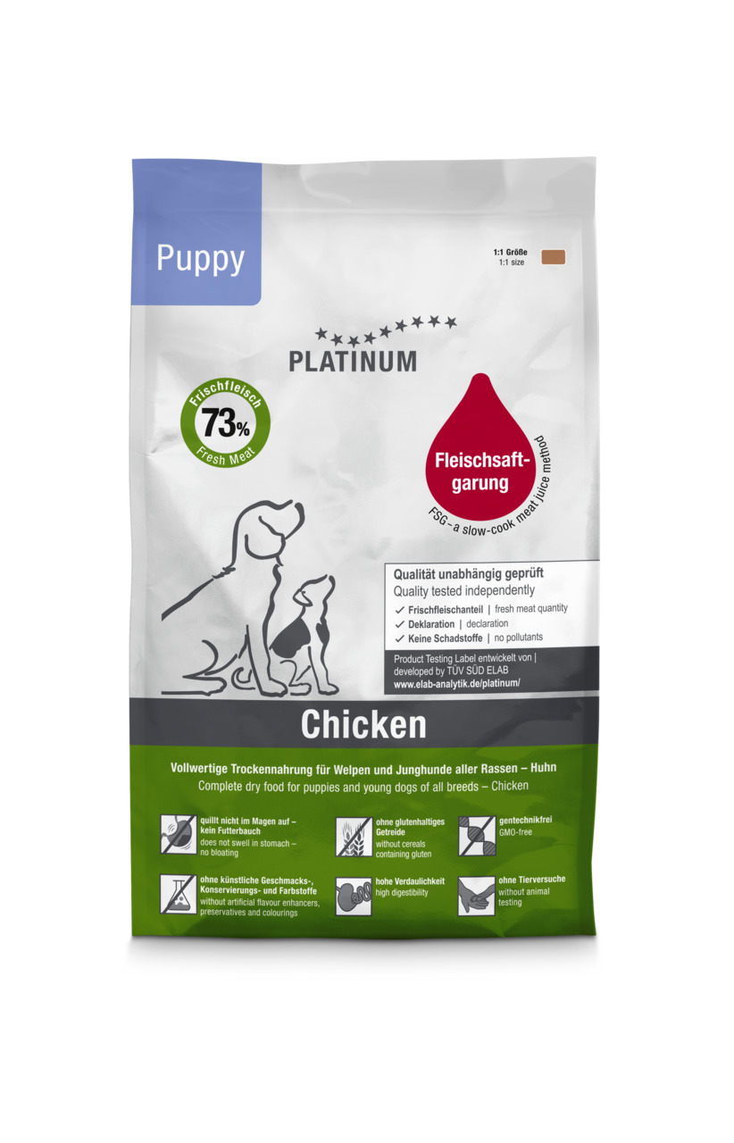 PLATINUM Puppy Chicken: Trockenfutter für Welpen/Junghunde, Huhn, 73 % Frischfleisch, Fleischsaftgarung, glutenfrei, leicht verdaulich.