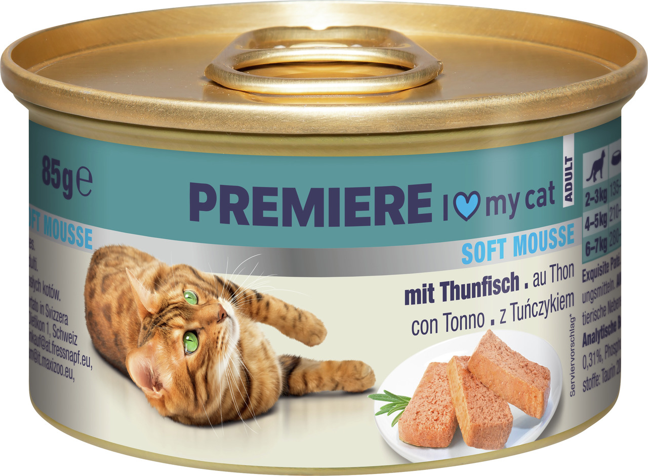 PREMIERE „I ? my cat“ Soft Mousse, Thunfisch, für ausgewachsene Katzen, 85 g.