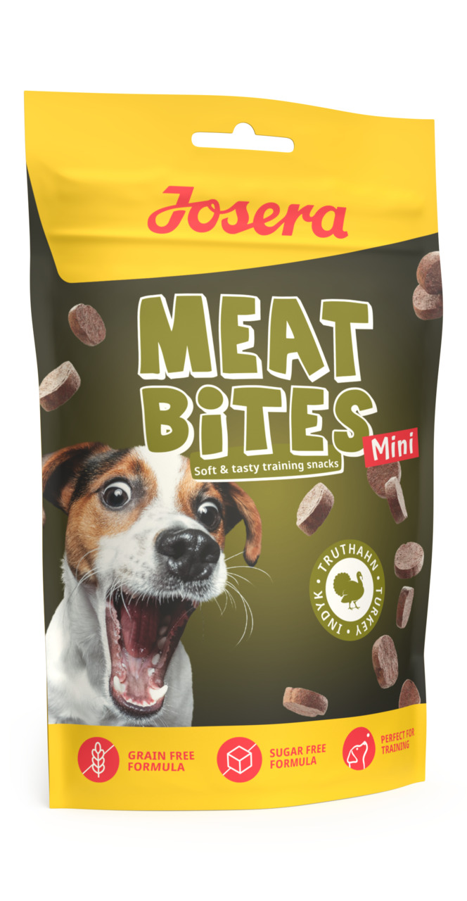 Josera Meat Bites Mini, Hundesnack für kleine Rassen, Truthahn, getreidefrei, zuckerfrei, ideal fürs Training, weiche Snacks.